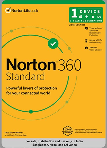 Norton 360 Standard |1 User 1 Year|Total Security for PC, Mac, Android or iOS|Additionally Includes Password Manager, PC Cloud Back Up, SafeCam for PC |Email Delivery in 2 Hrs