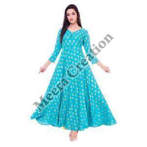 Ladies Anarkali Cyan Cotton Kurti