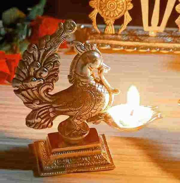 German silver Peacock deepak 5 inch