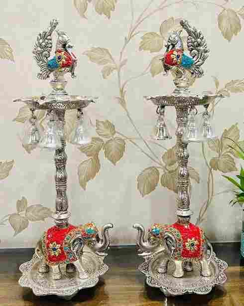 German silver antique elephant diya pair 20inch