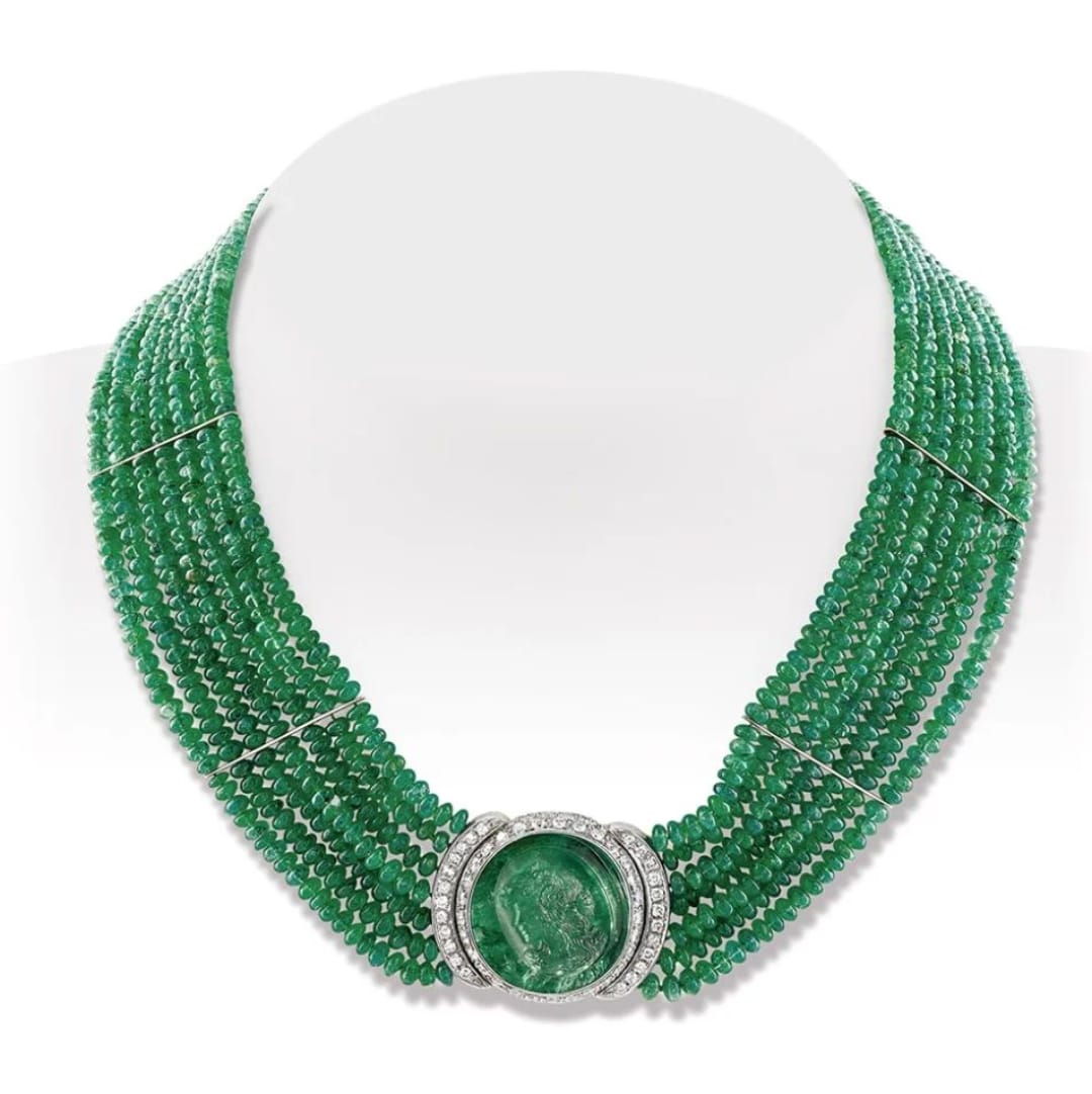 Designer Multistrand Emerald Stone And Beads Silver Necklace