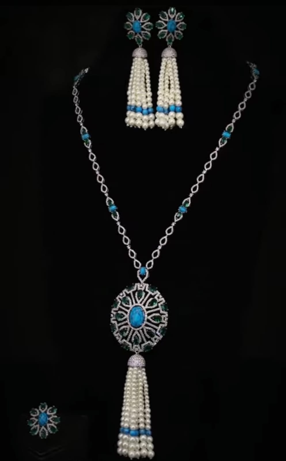 Designer Elegant Turquoise Stone Pearl AD Silver CZ Necklace 
