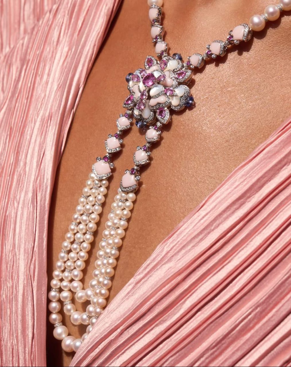 Designer Floral Pearl Silver Long Necklace 