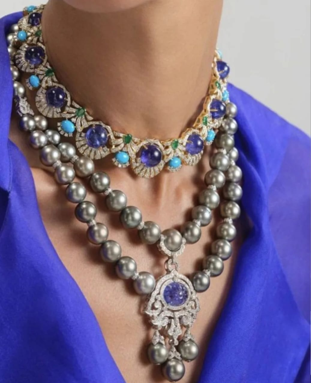 Designer Multi-Line Sapphire Stone And Beads Silver CZ Necklace