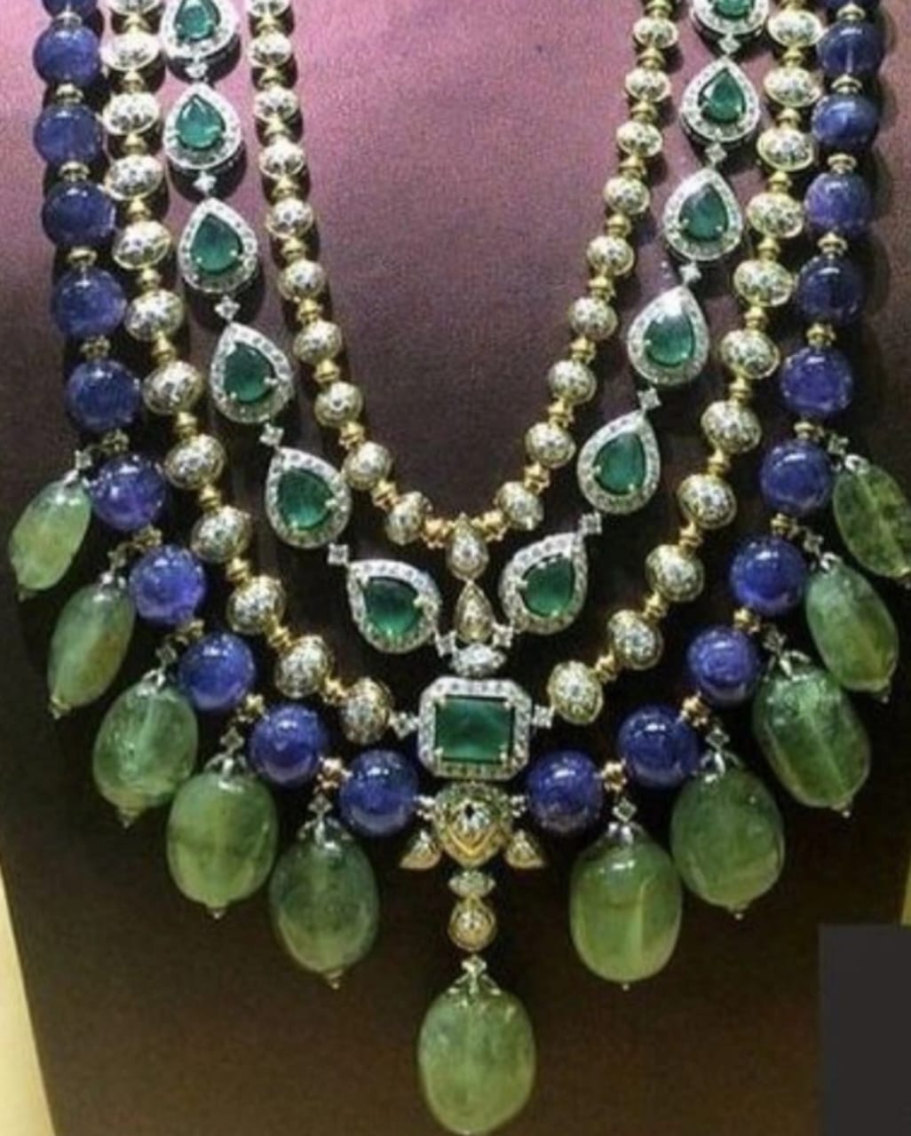 Designer Bridal Multi-Line Emerald Stone Sapphire Quartz Beads Silver CZ Long Necklace 