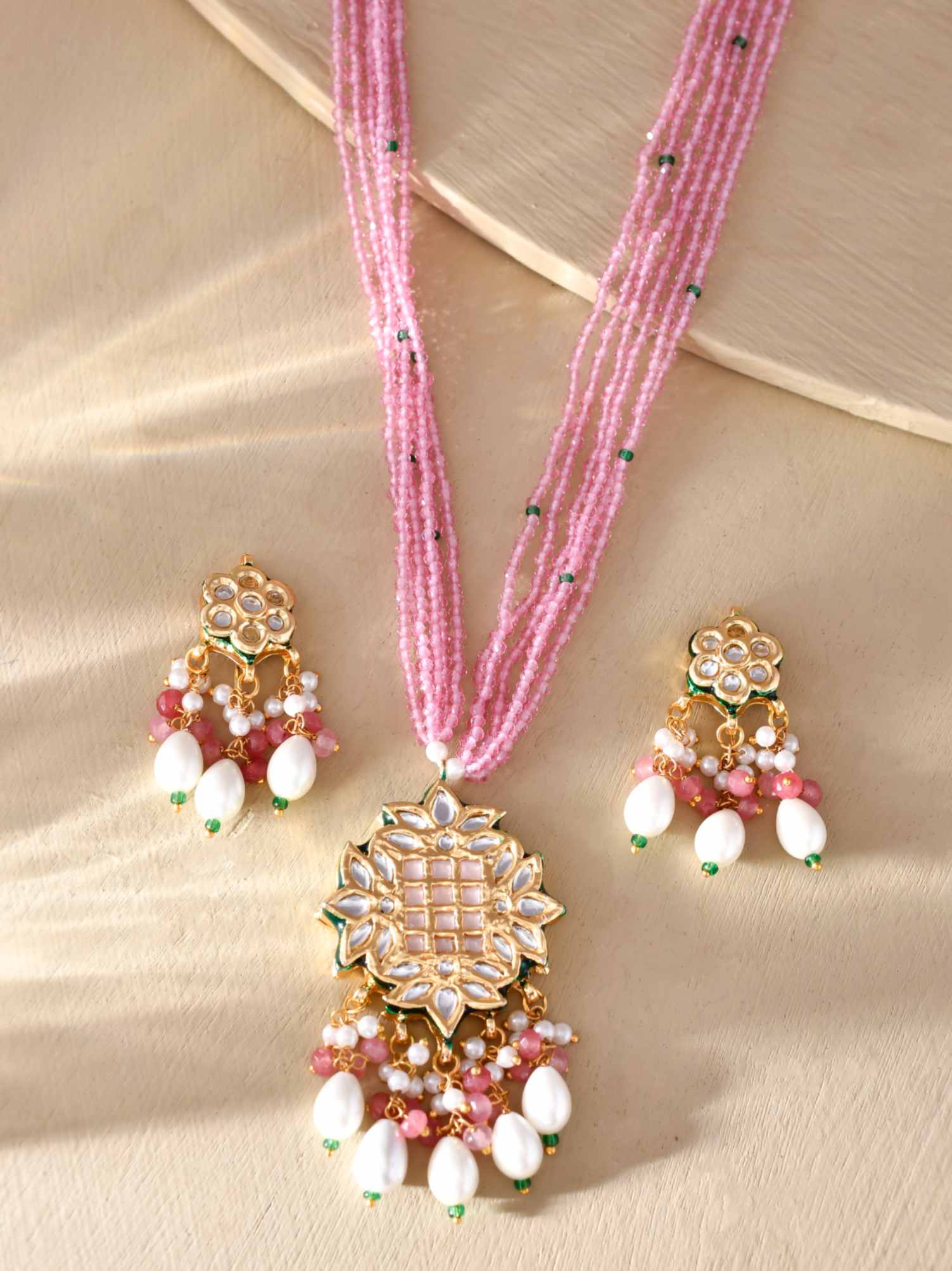 Beautiful Gold Plated Multistrand Purple Pearl Mala Meenakari And Kundan Pendant Necklace