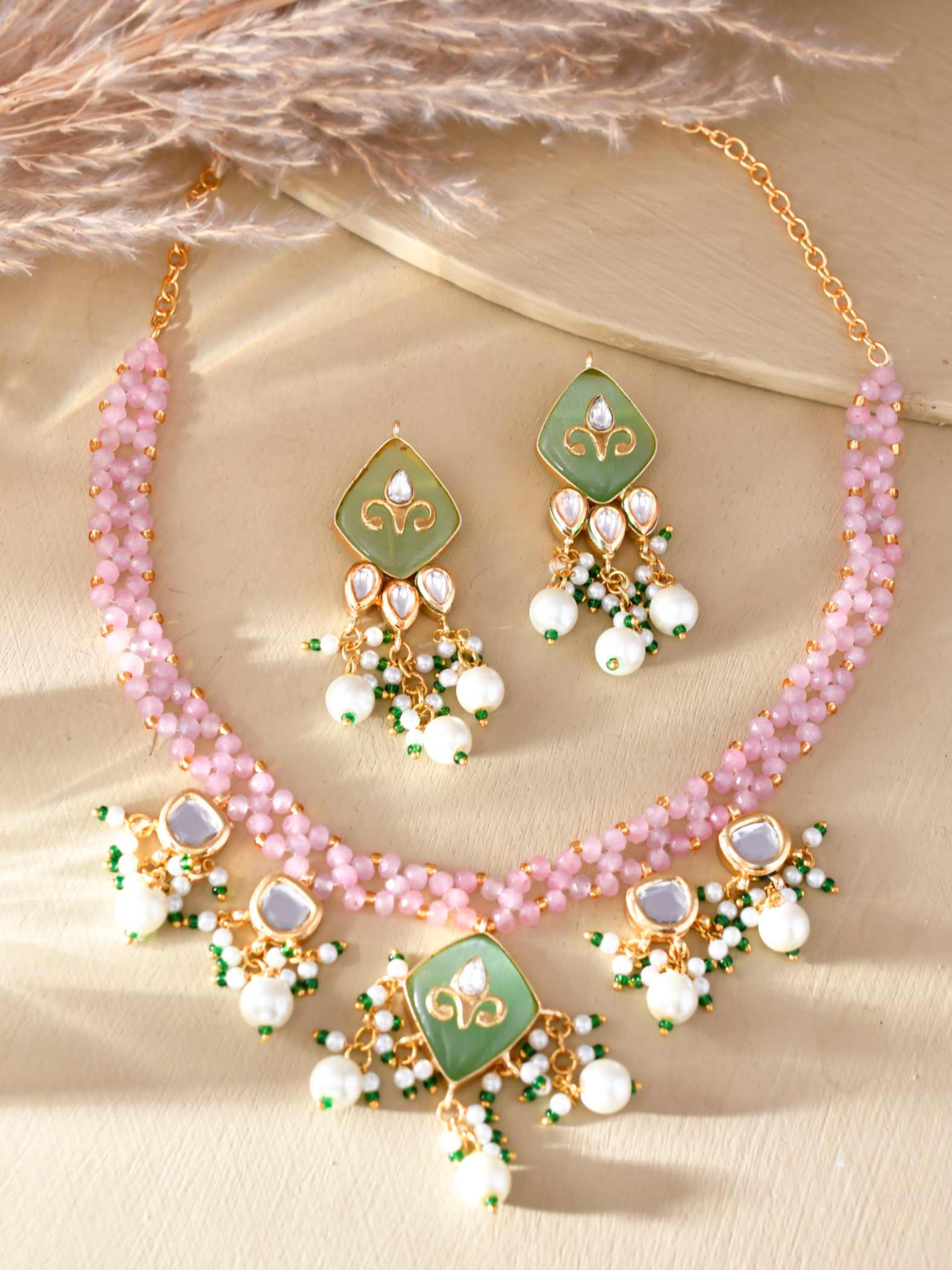 Beautiful Pink-Green Gold Plated Multistrand Kundan And Meenakari Choker Necklace