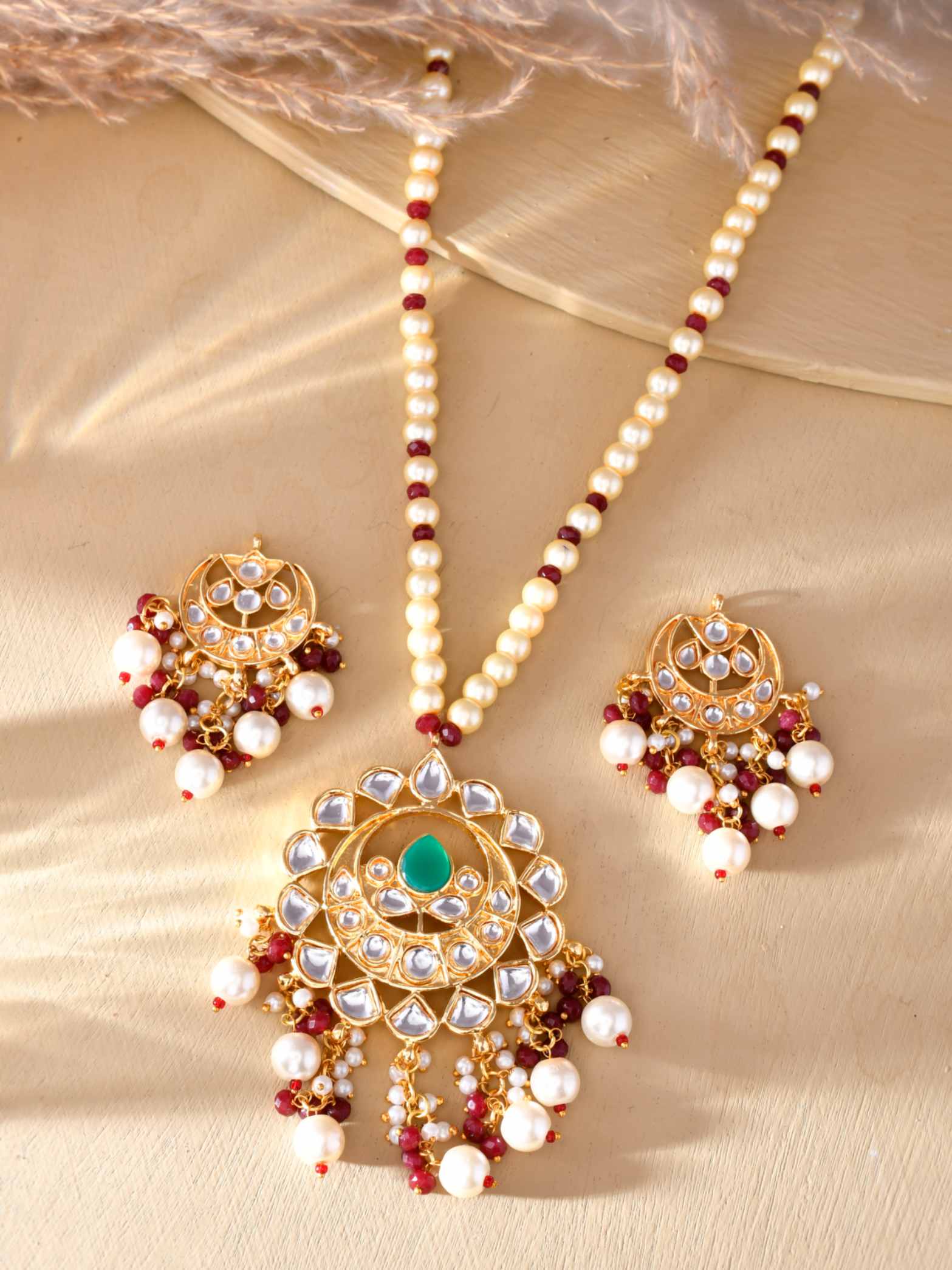 Beautiful Gold Plated Pearl Mala Meenakari And Kundan Chandbali Pendant Necklace 