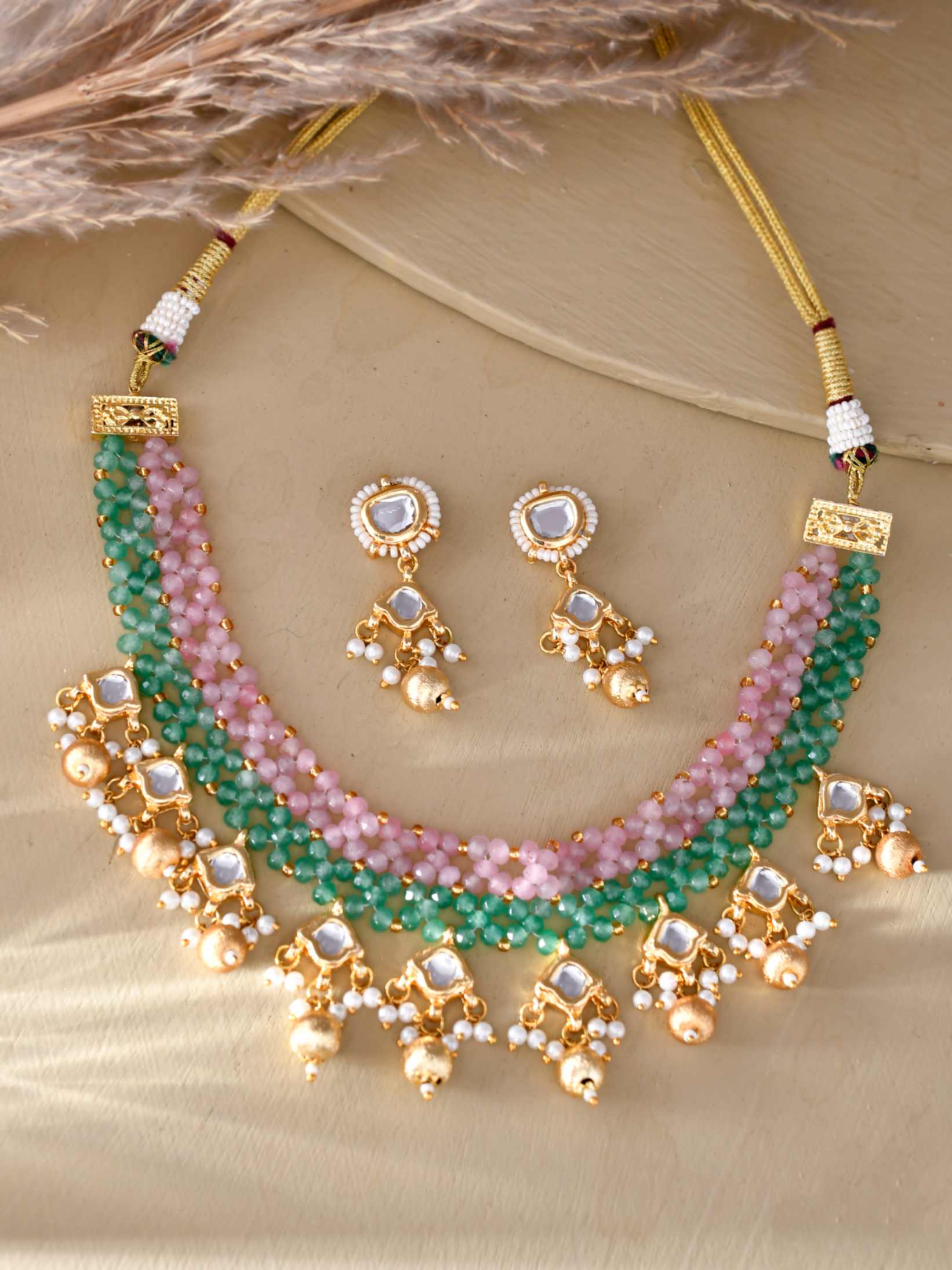 Traditional Pink Green Meenakari And Kundan Choker Necklace