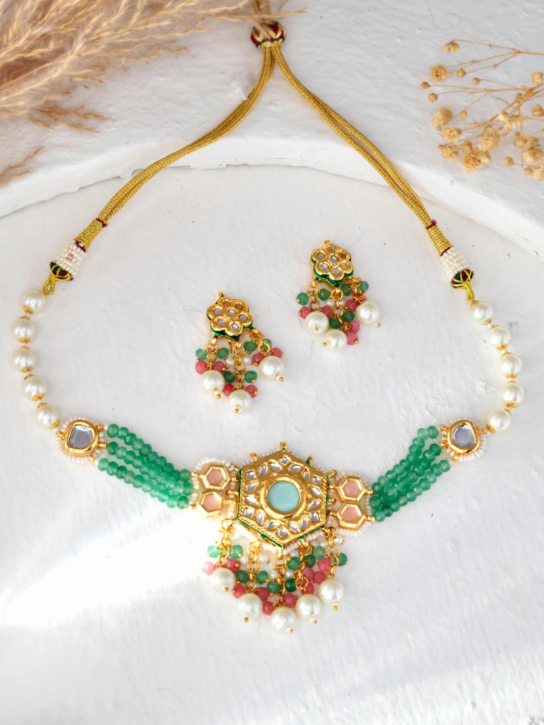 Traditional Green Gold Plated Multistrand Kundan And Meenakari Choker Necklace 