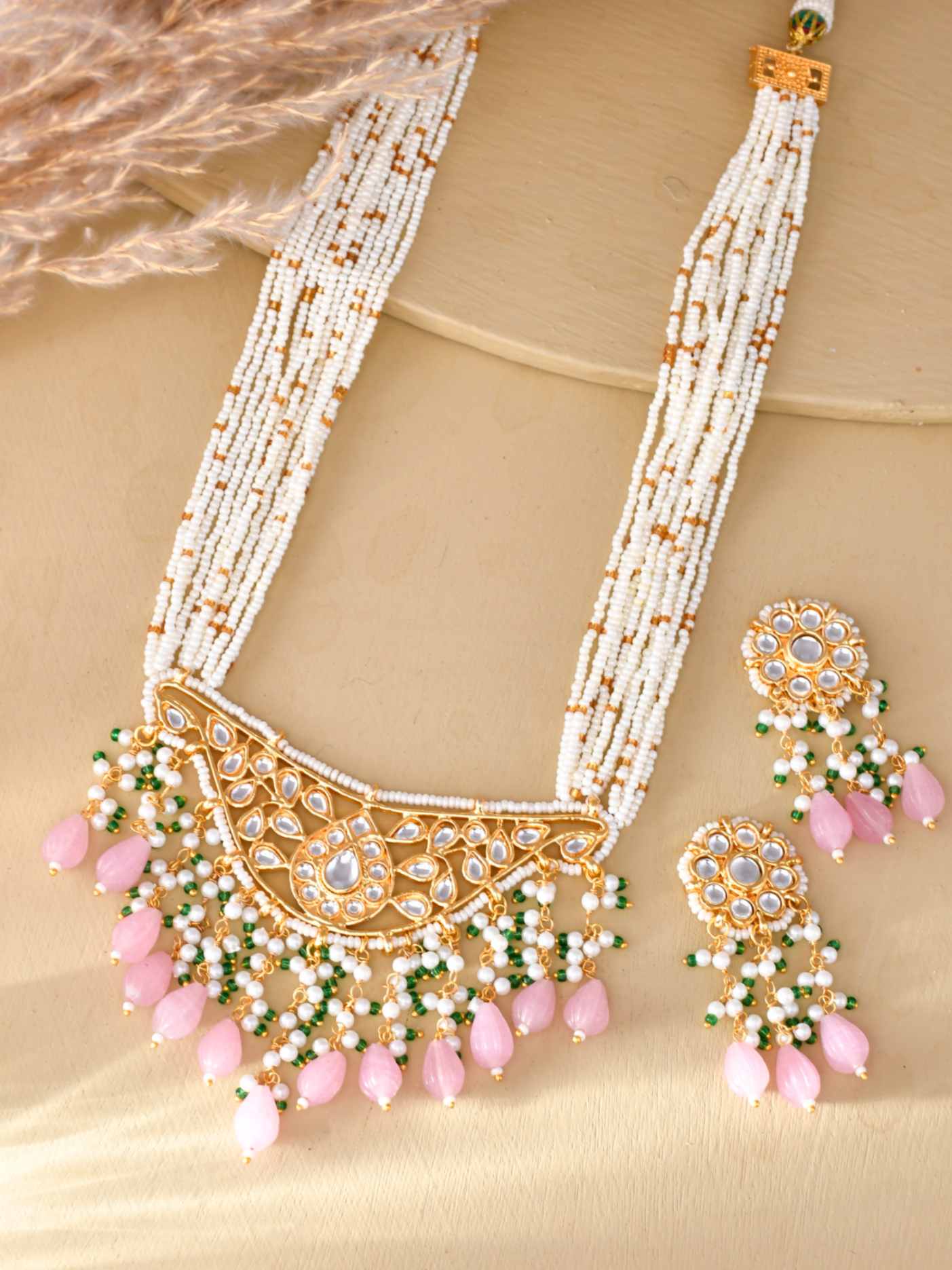 Partywear Pink Beads Gold Plated Moti Mala And Kundan Pendant Necklace