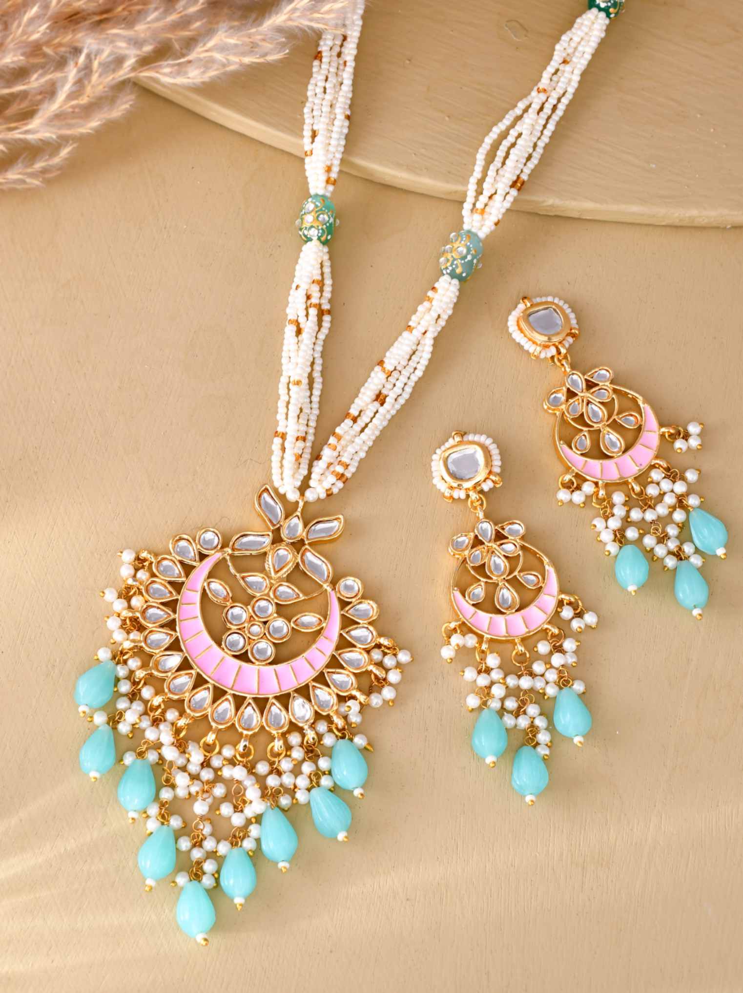 Gold Plated Pearl And Kundan Meenakari Chandbali Pendant Necklace