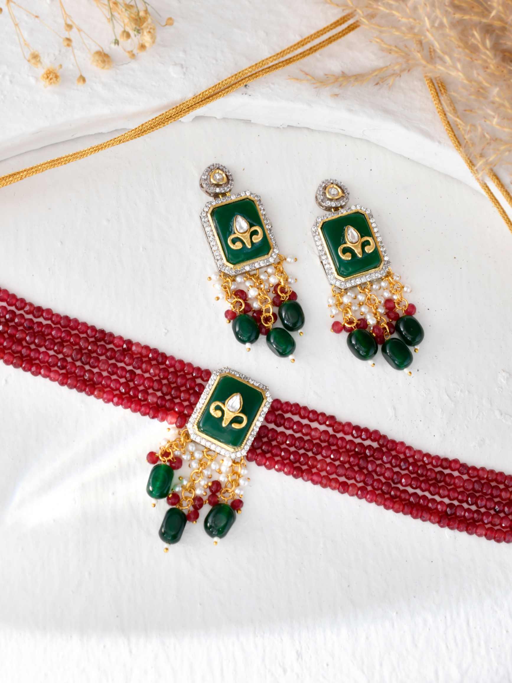 Beautiful Gold Plated Multistrand Red-Green Kundan And Meenakari Choker Necklace