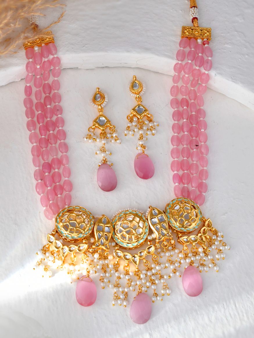 South Indian Style Pink Gold Plated Multistrand Kundan And Meenakari Necklace