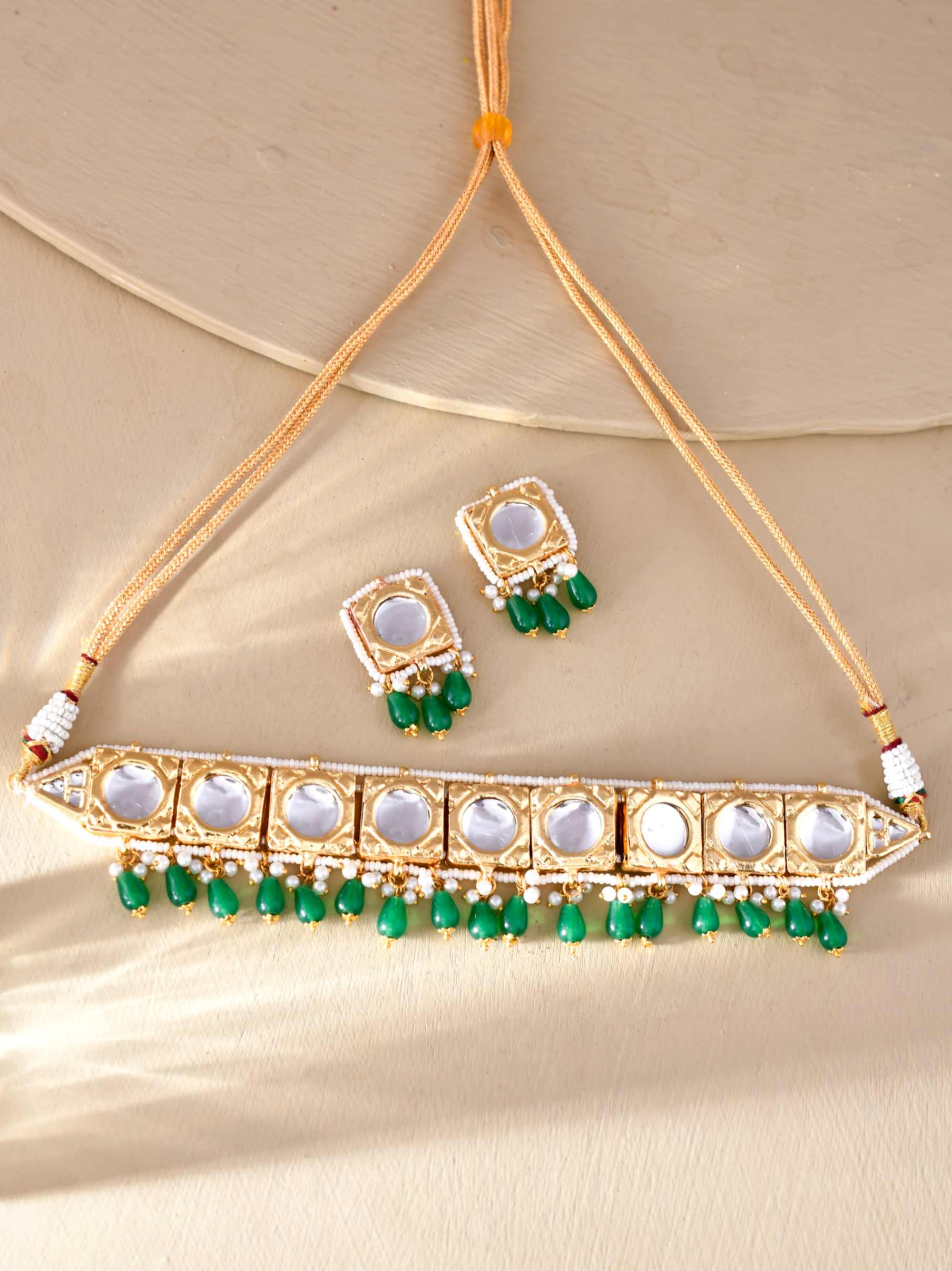 Beautiful Gold Plated Meenakari And Heavy Kundan Choker Necklace With Green Drop