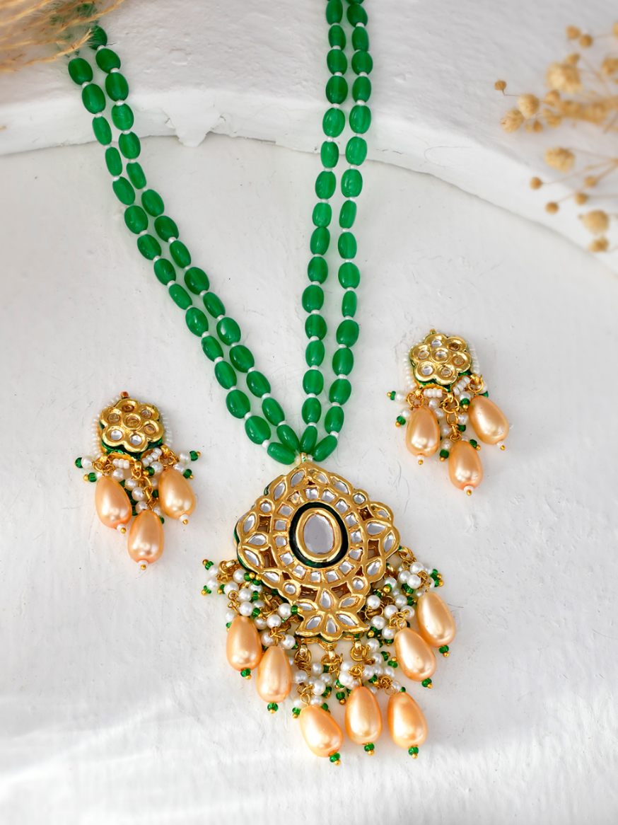 Beautiful Green Double Line Gold Plated Meenakari And Kundan Long Necklace
