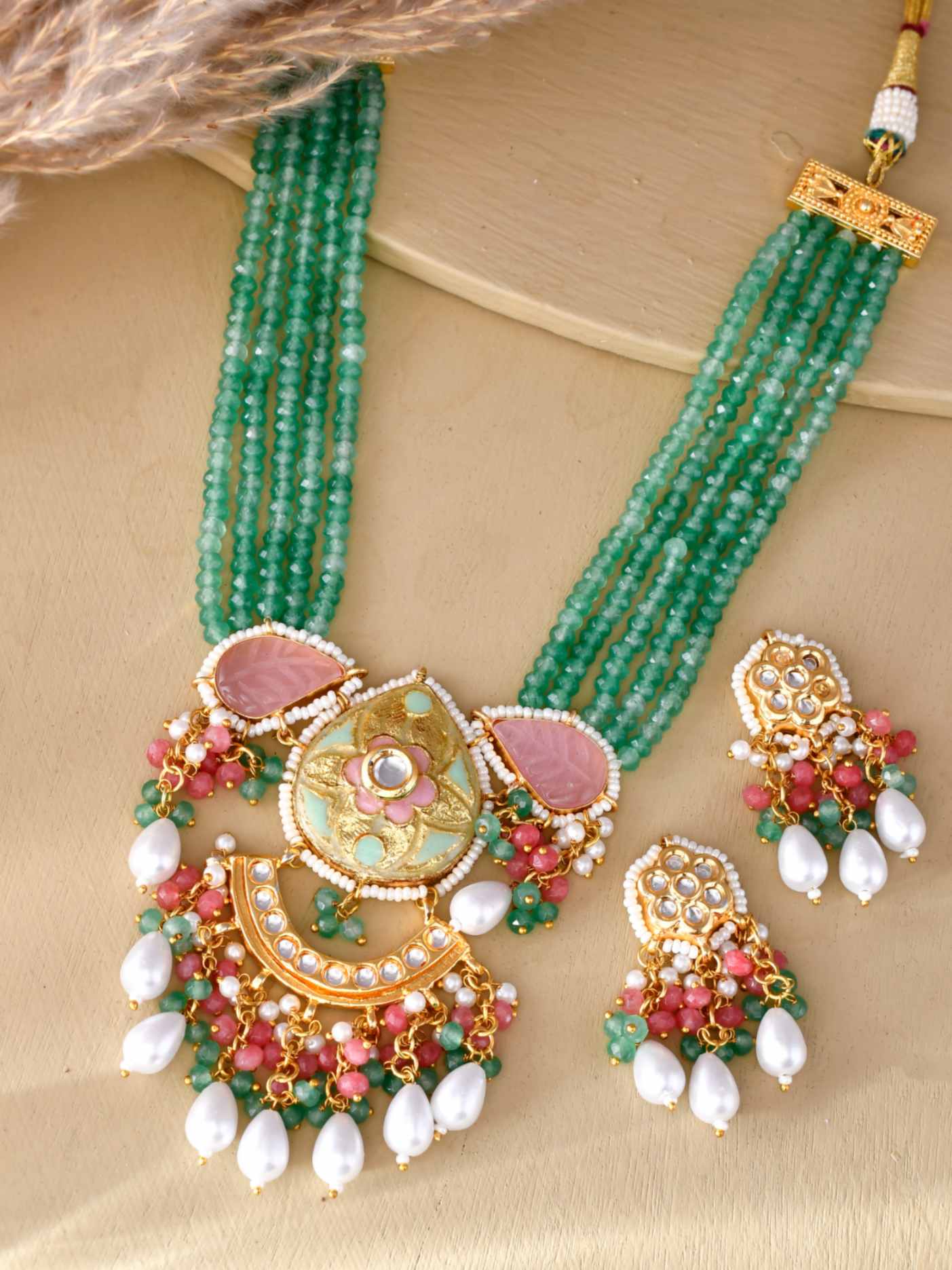 Beautiful South Indian Gold Plated Multistrand Meenakari And Kundan Long Necklace