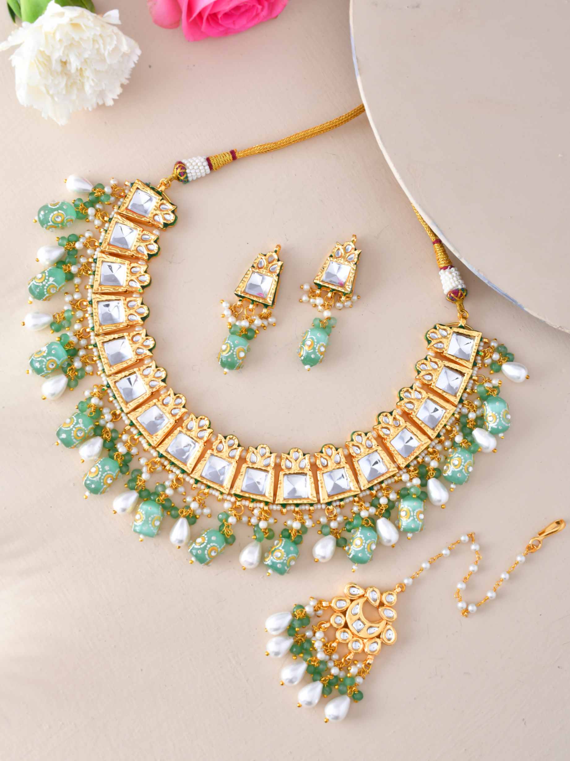 Traditional Meenakari Beads And Heavy Kundan Choker Necklace With Earrings And Maang Tika