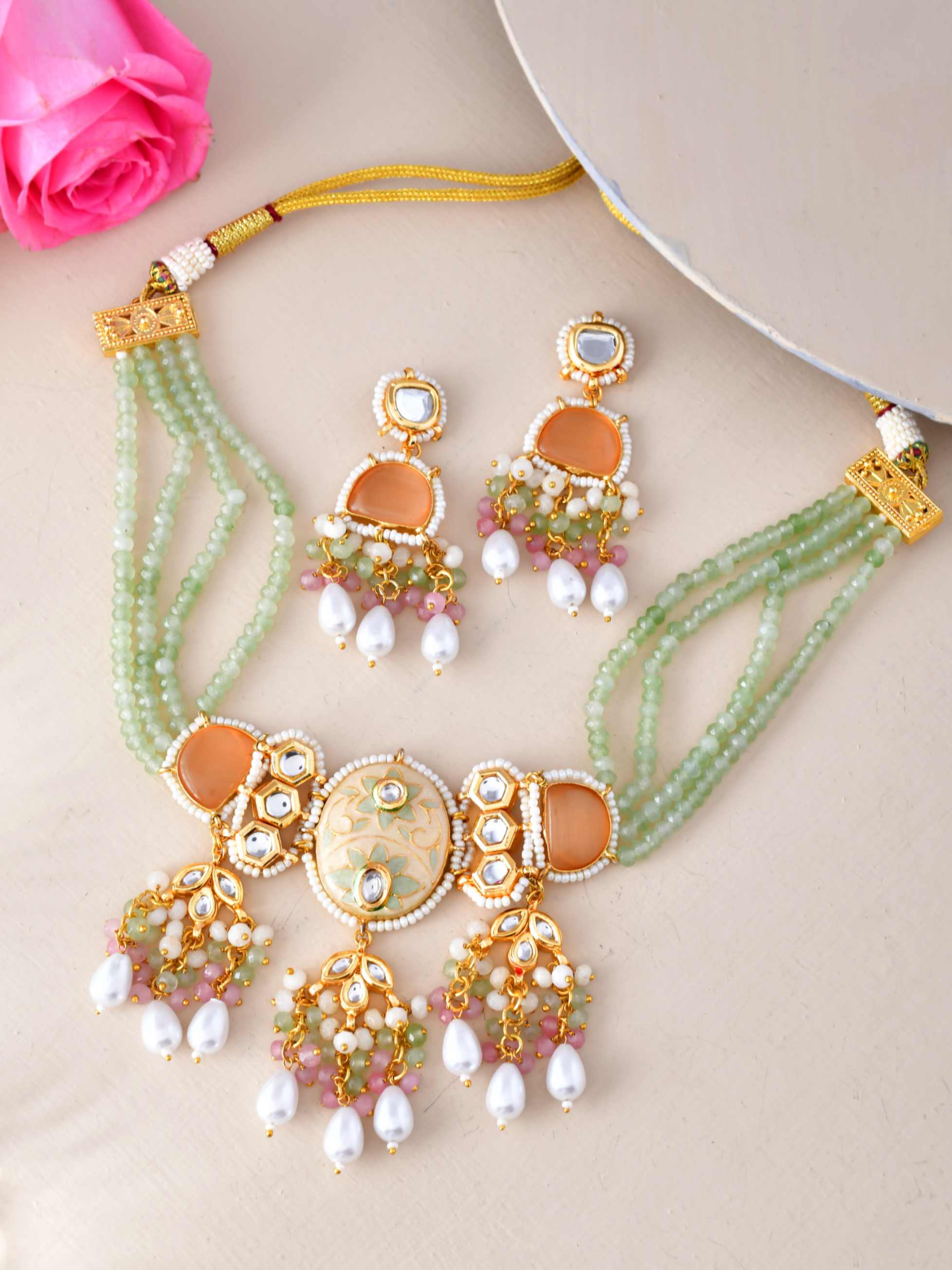 Traditional Multistrand Meenakari And Heavy Kundan Choker Necklace With Pearl Drop