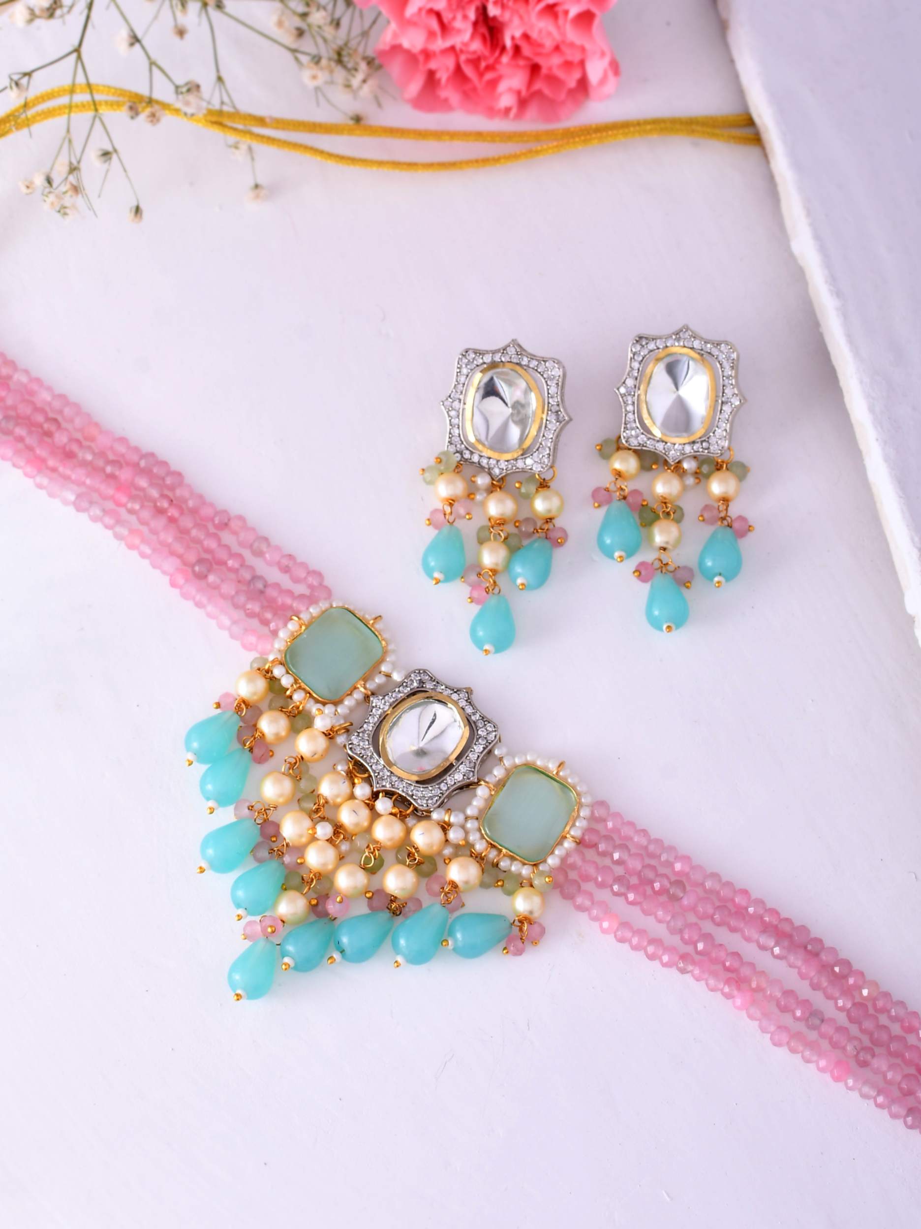 Beautiful Pink Multistrand Meenakari And Kundan Choker Necklace With Quatrz Beads