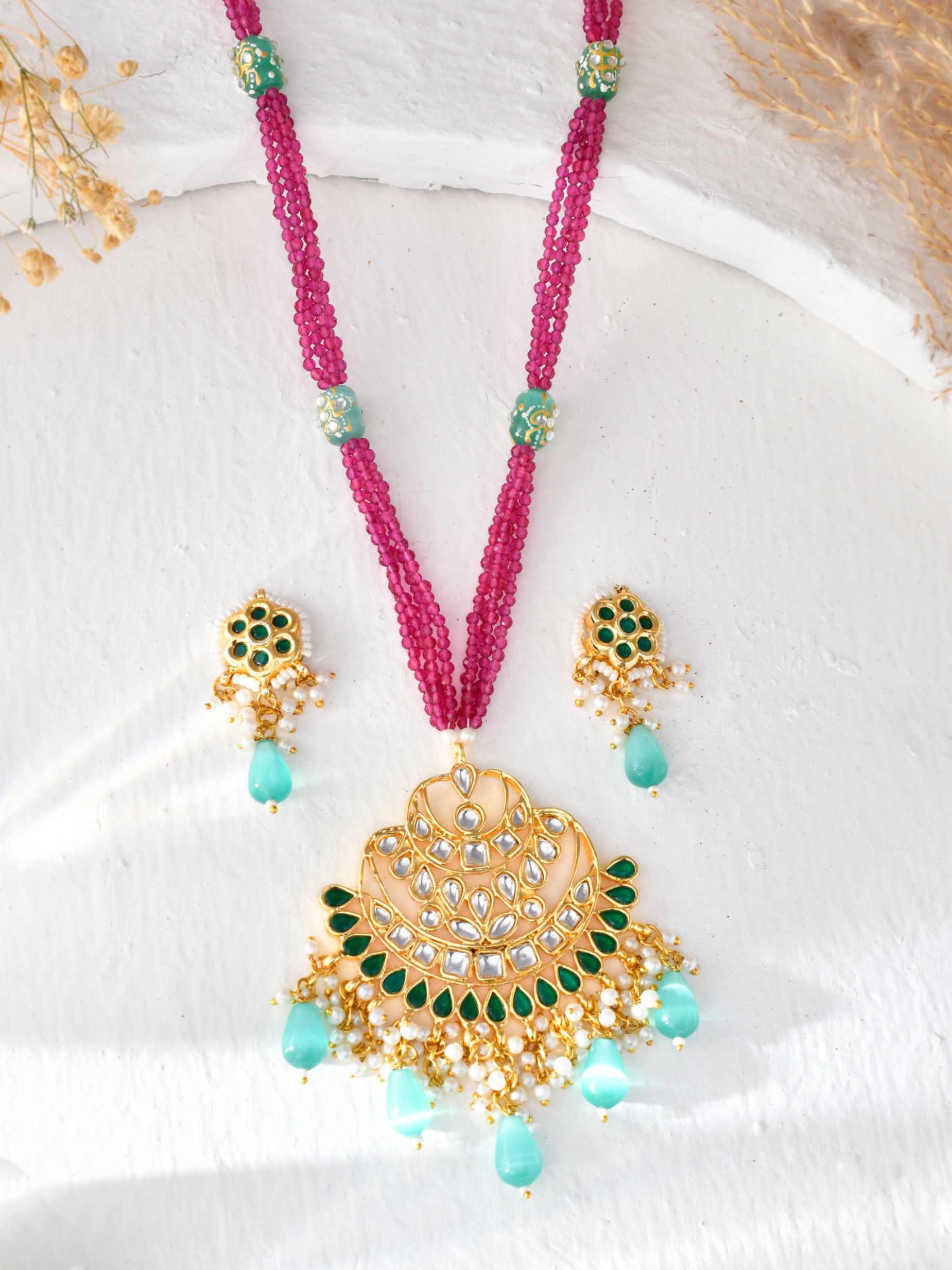 Beautiful Gold Plated Multistrand Pink Kundan And Meenakari Long Necklace 