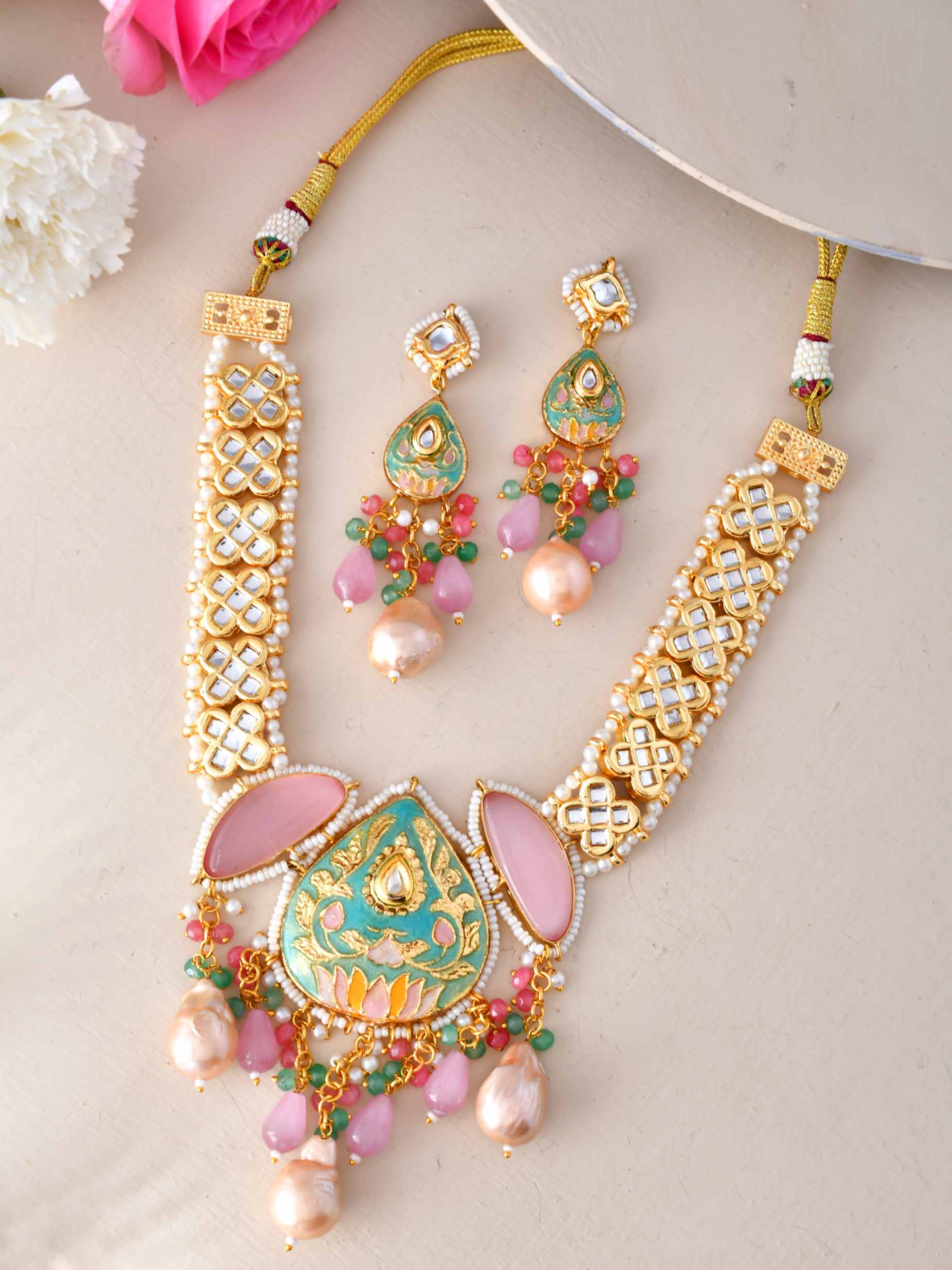 Traditional Meenakari And Heavy Pink Kundan Rani Haar Style Necklace With Pearl Drop 