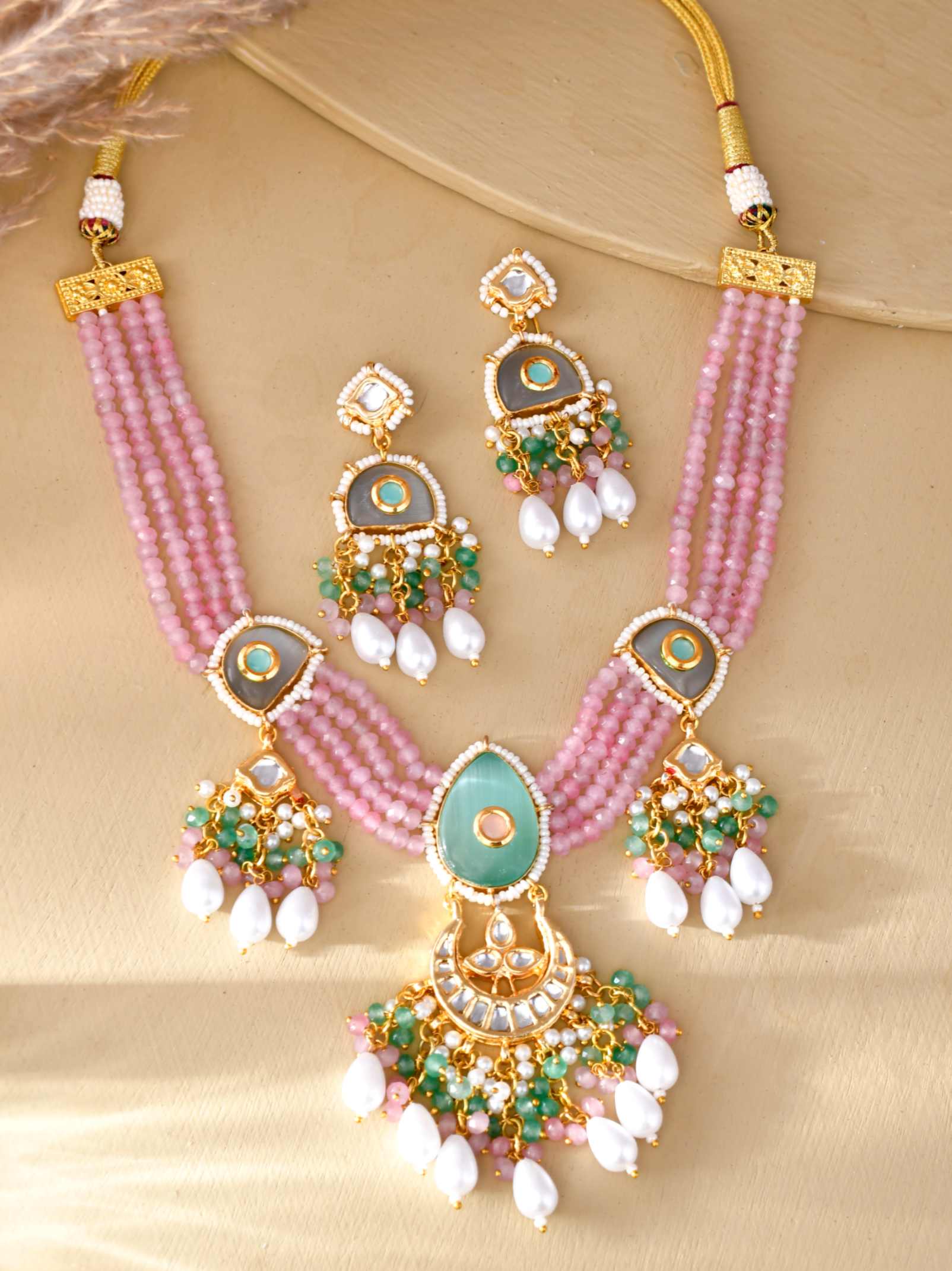 Beautiful Layered Pink Beads Meenakari And Mint Green Kundan Necklace