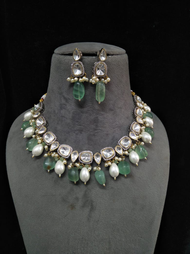 Elegant Gold Plated Polki Necklace With Beads 