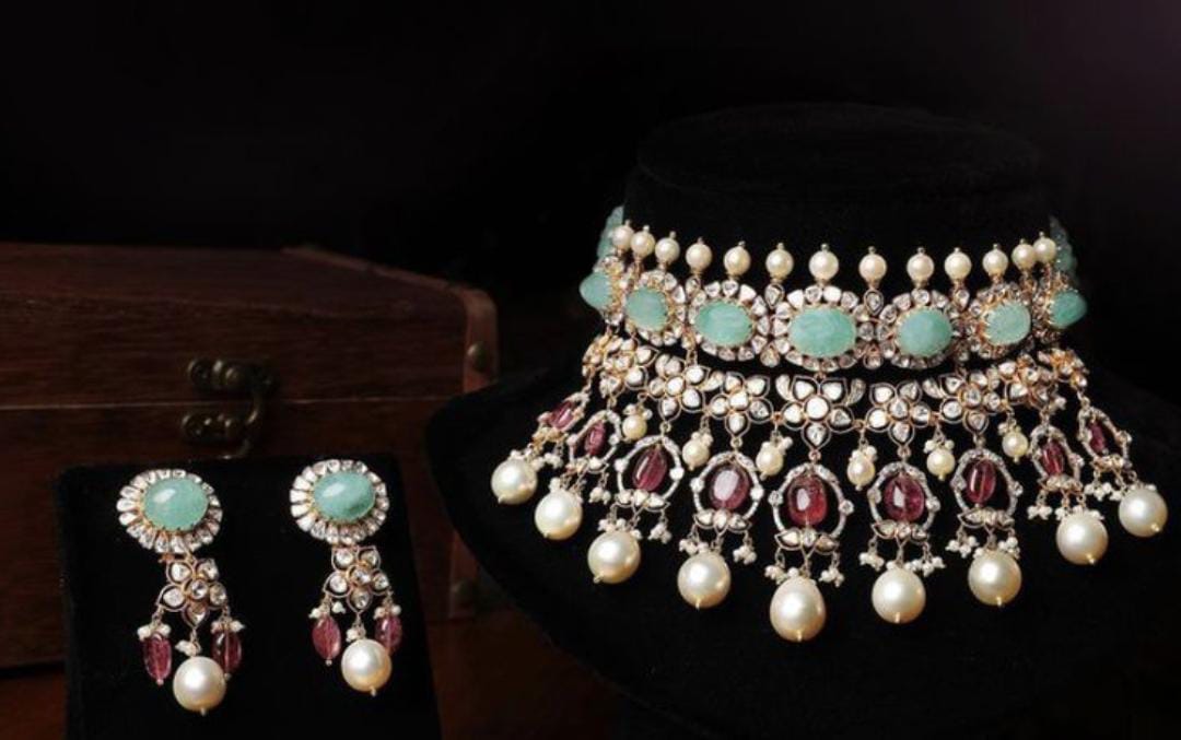 Beautiful Victorian Turquoise Ruby Pearl And Polki Choker Necklace