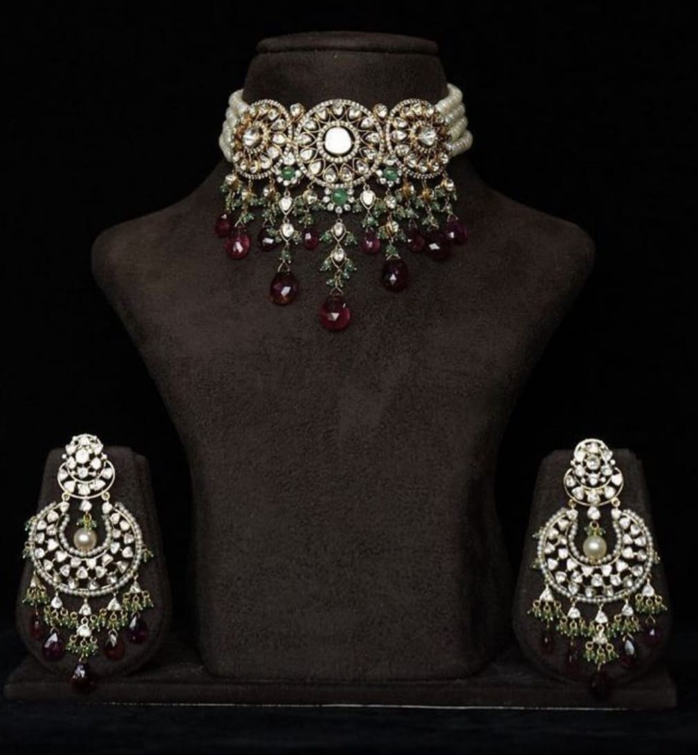 Traditional Multistrand Pearl Beaded Polki Choker Necklace With Ruby Pink Beads