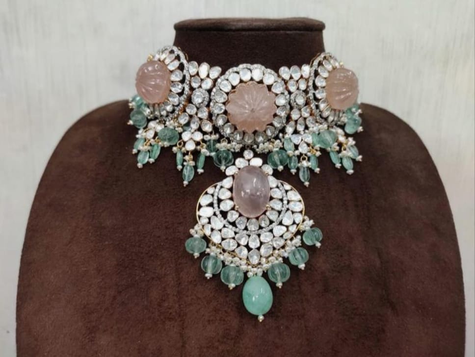 Traditional Victorian Polki Choker Necklace With Pumpkin Stone