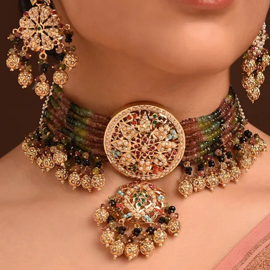 Traditional Gold Plated Multistrand Tourmaline Beads Jadau Choker Necklace 