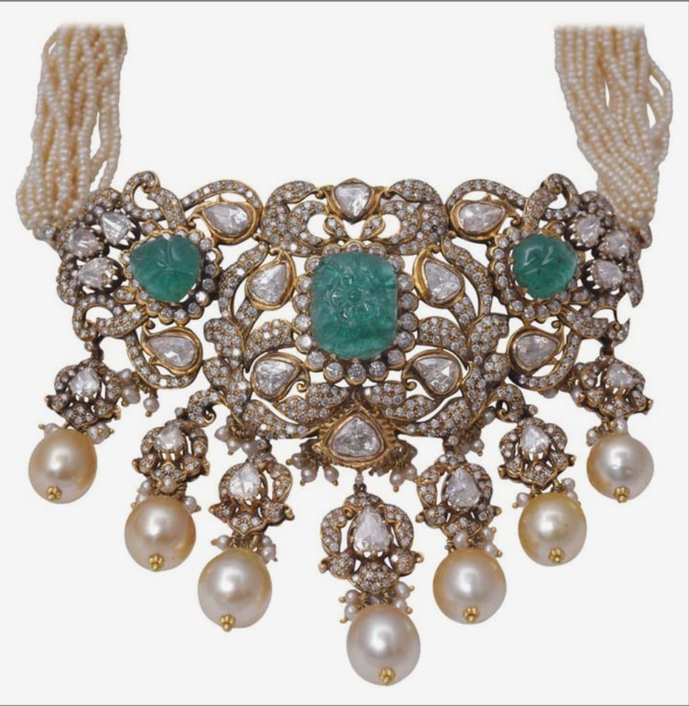 Traditional Victorian Multistrand Pearl And Polki Choker Silver Moissanite Necklace