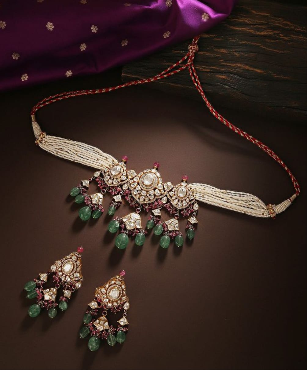 Traditional Victorian Multistrand Polki Choker Silver Moissanite Necklace With Green Quartz Beads 