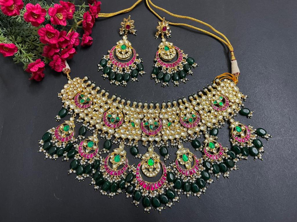 Traditional Bridal Gold Plated Kemp Stone Heavy Pachi Kundan Choker Necklace With Green Beads And Chandbali Drops