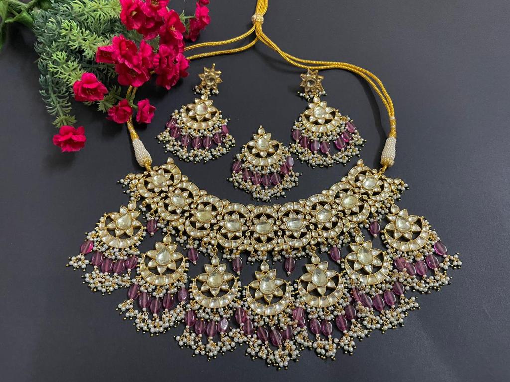 Traditional Bridal Floral Design Gold Plated Pachi Kundan Choker Necklace With Chandbali Drops