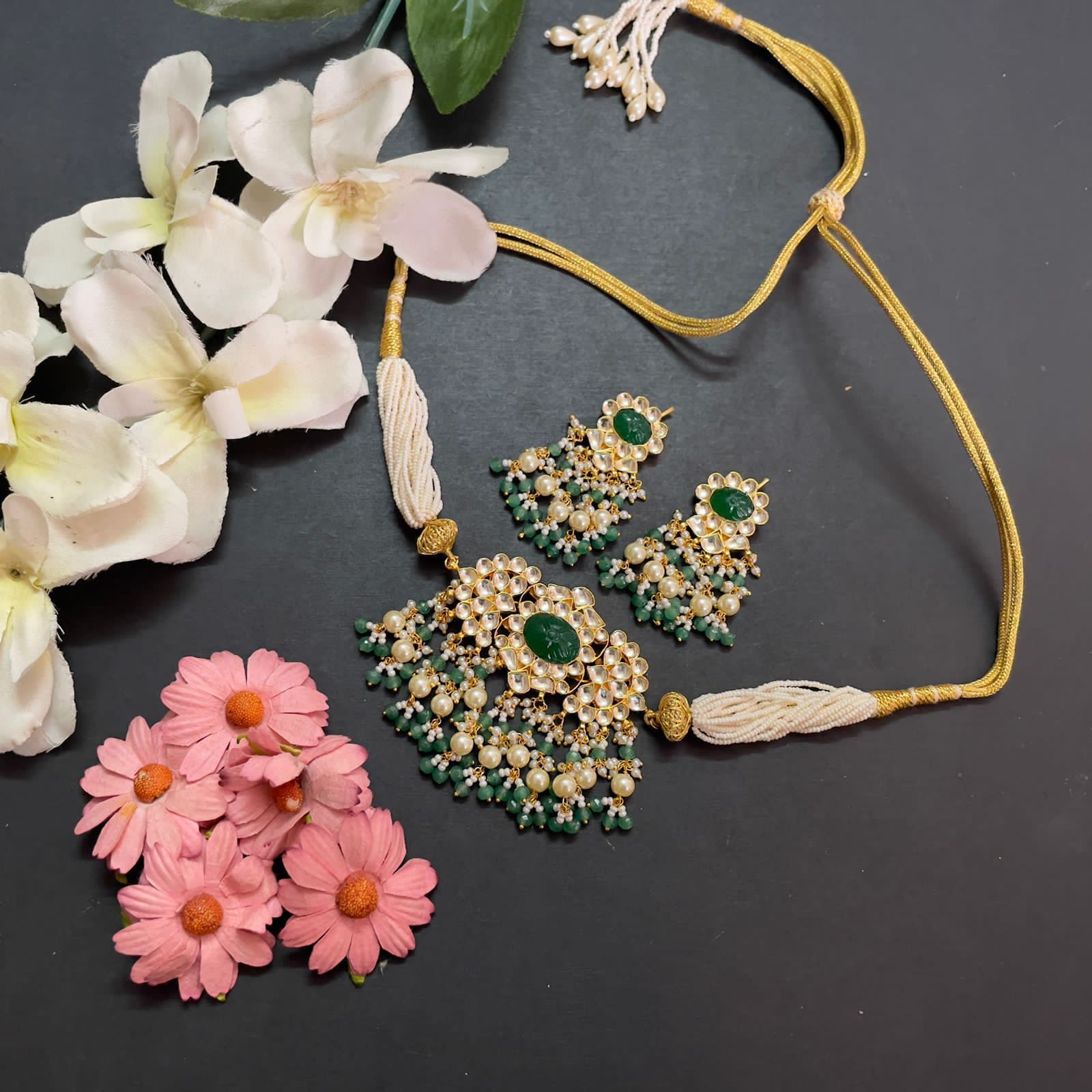 Gold Plated Multistrand Pearl Kemp Stone And Pachi Kundan Choker Necklace