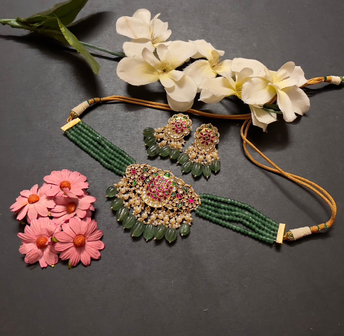 Multistrand Green Beads Gold Plated Kemp Stone Pachi Kundan Choker Necklace