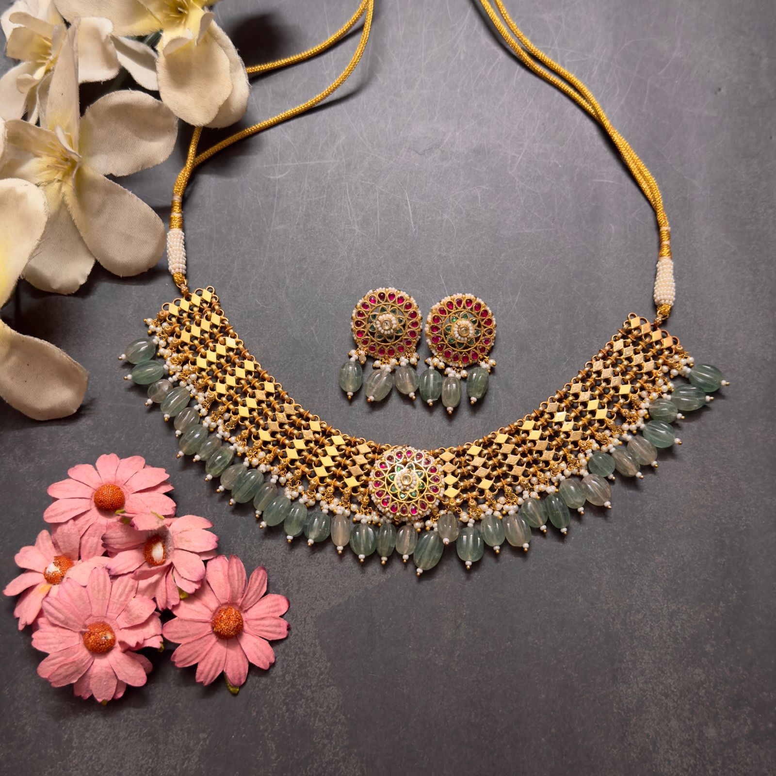 Traditional Gold Plated With Green Beads Pachi Kundan Choker Necklace 