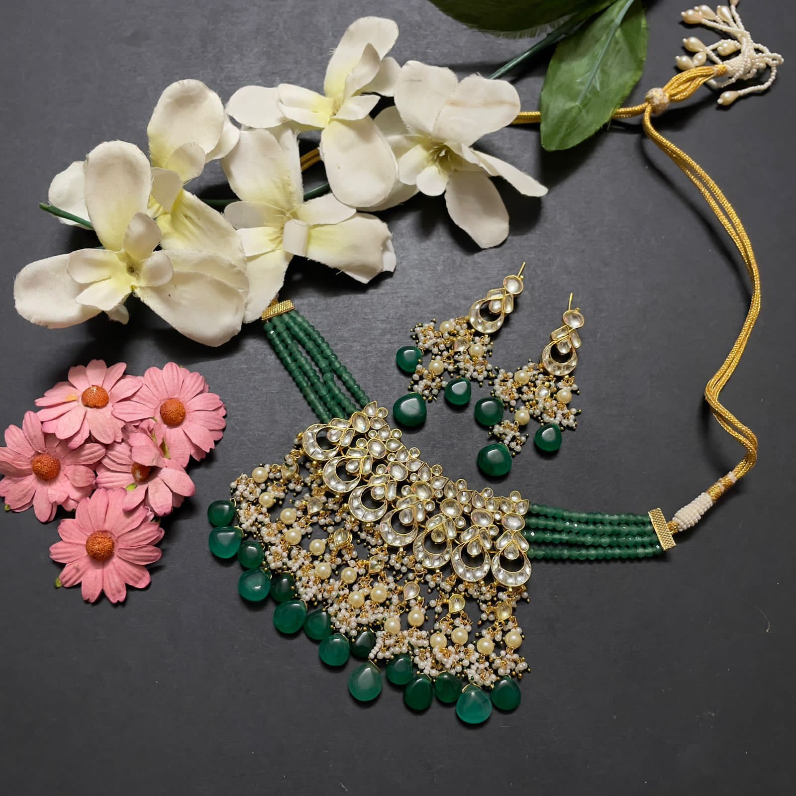 Traditional Gold Plated Multistrand Green Beads Pachi Kundan Chandbali Necklace