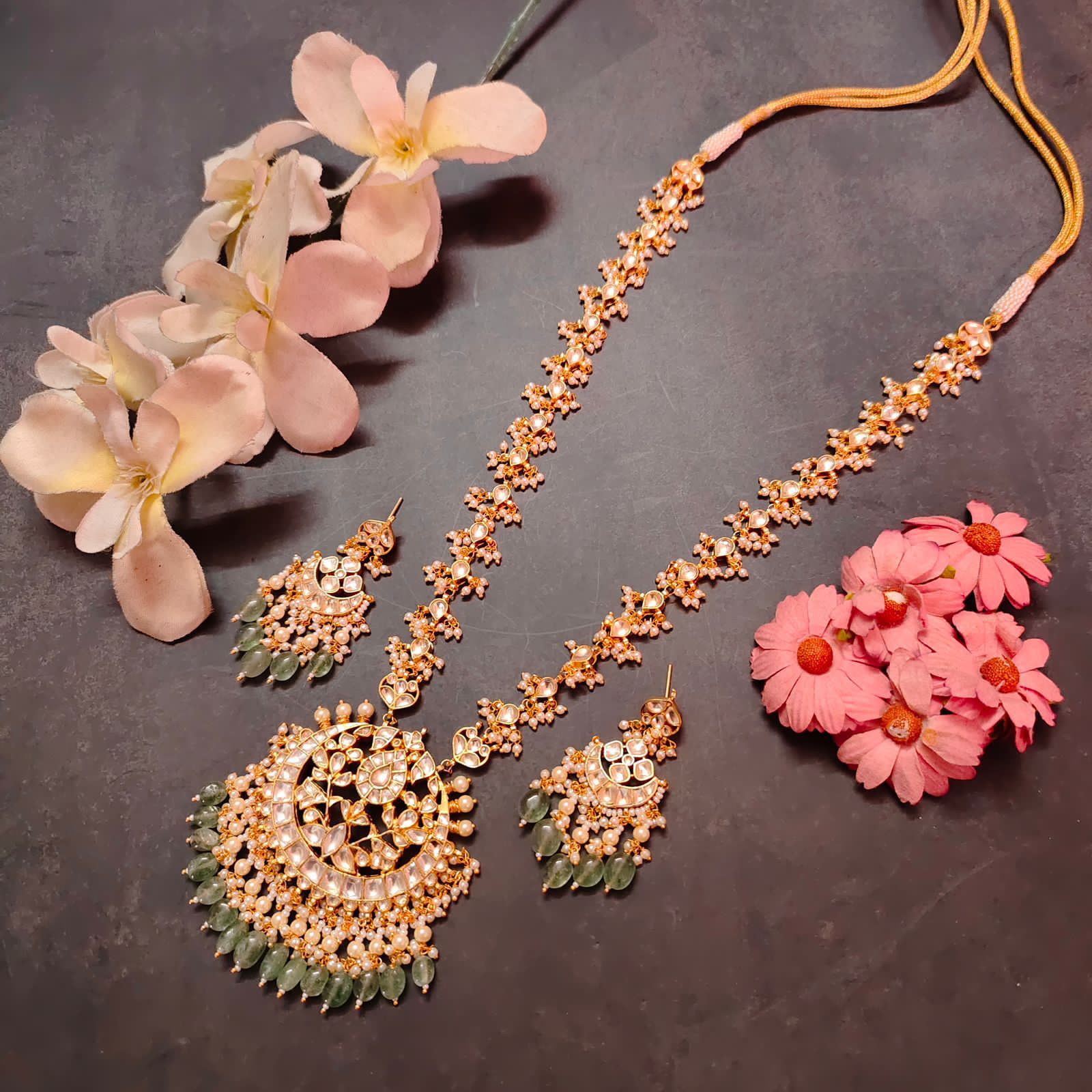 South Indian Long Pachi Kundan Chandbali Pendant Necklace