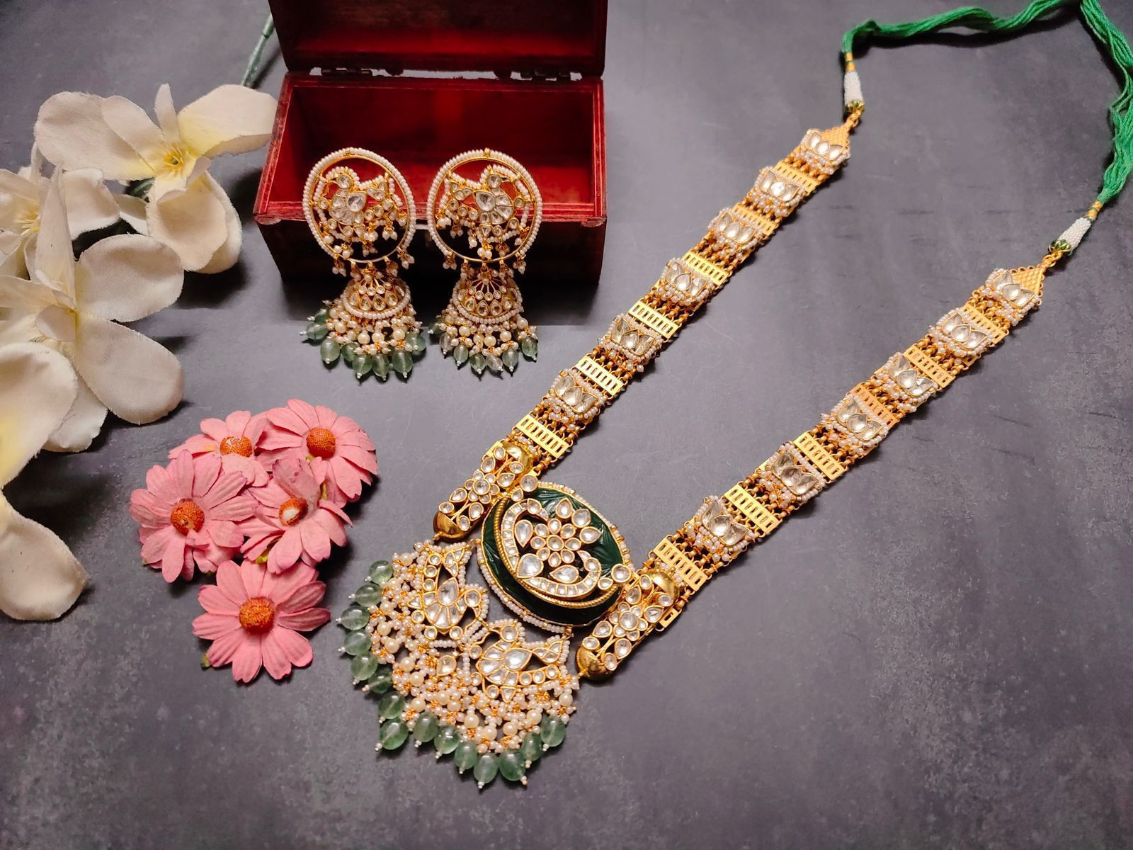 Gold Plated Green Carved Chandbali Style Pachi Kundan Long Pendant Necklace