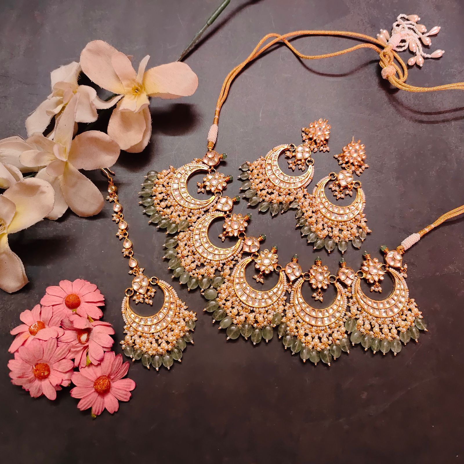 Gold Plated Chandbali Style Pachi Kundan Necklace With Maang Tika And Earrings