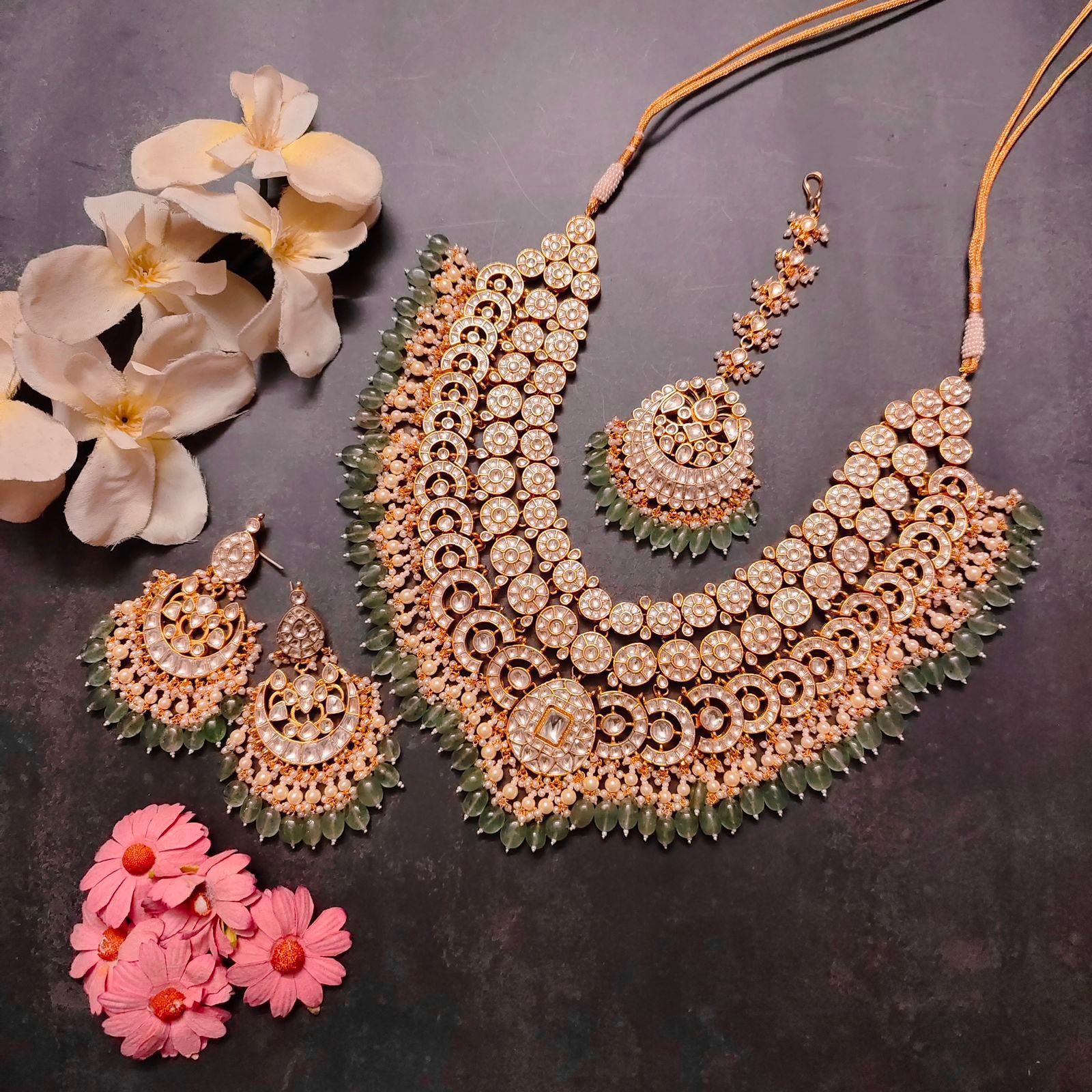 Bridal Multi Layer Gold Plated Pachi Kundan Necklace With Maang Tika And Earrings