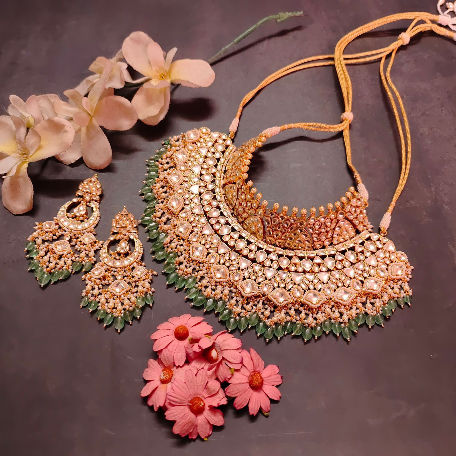 Bridal Gold Plated Pachi Kundan Choker Necklace With Chandbali Earrings