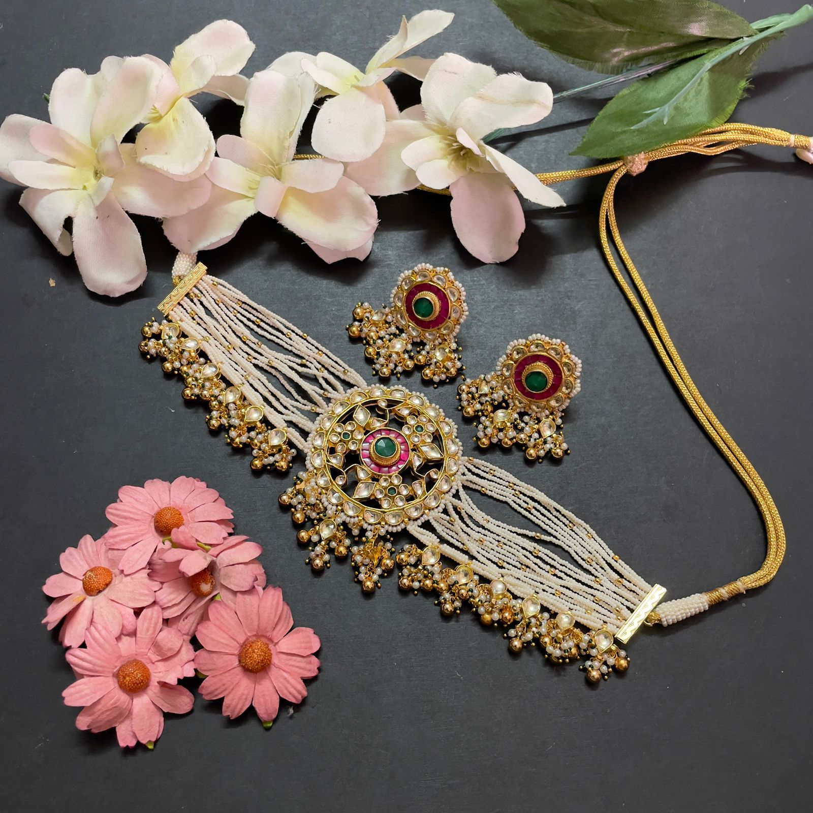 Rajwadi Style Multistrand Gold Plated Kemp Stone And Pachi Kundan Choker Necklace