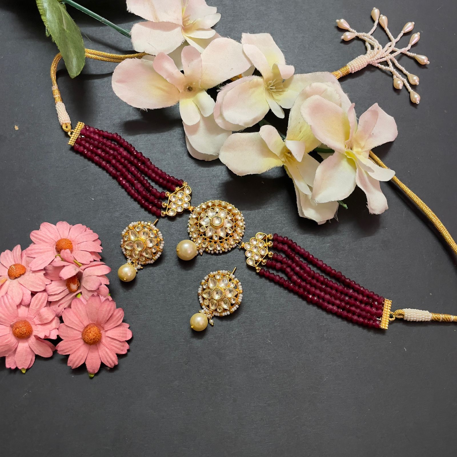 Gold Plated Red Beaded Multistrand Pearl And Pachi Kundan Choker Necklace