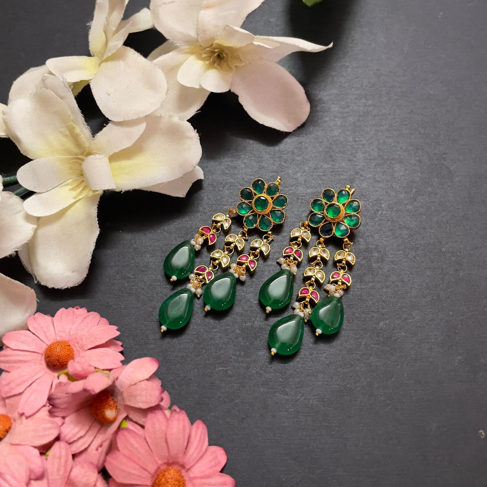 Kemp Stone Gold Plated Pachi Kundan with Green Drop Earrings 