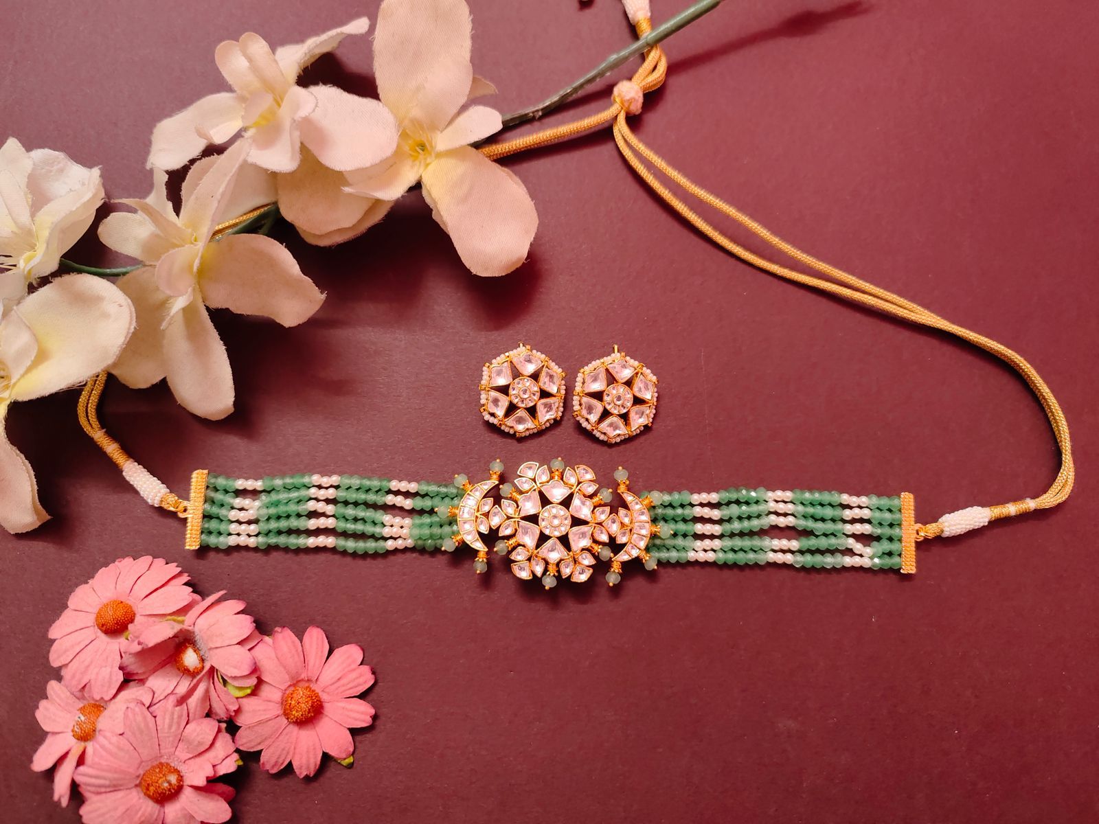 Elegant Green Multisrand Beaded Gold Plated Kundan Jadau Pachi Kundan Choker Necklace