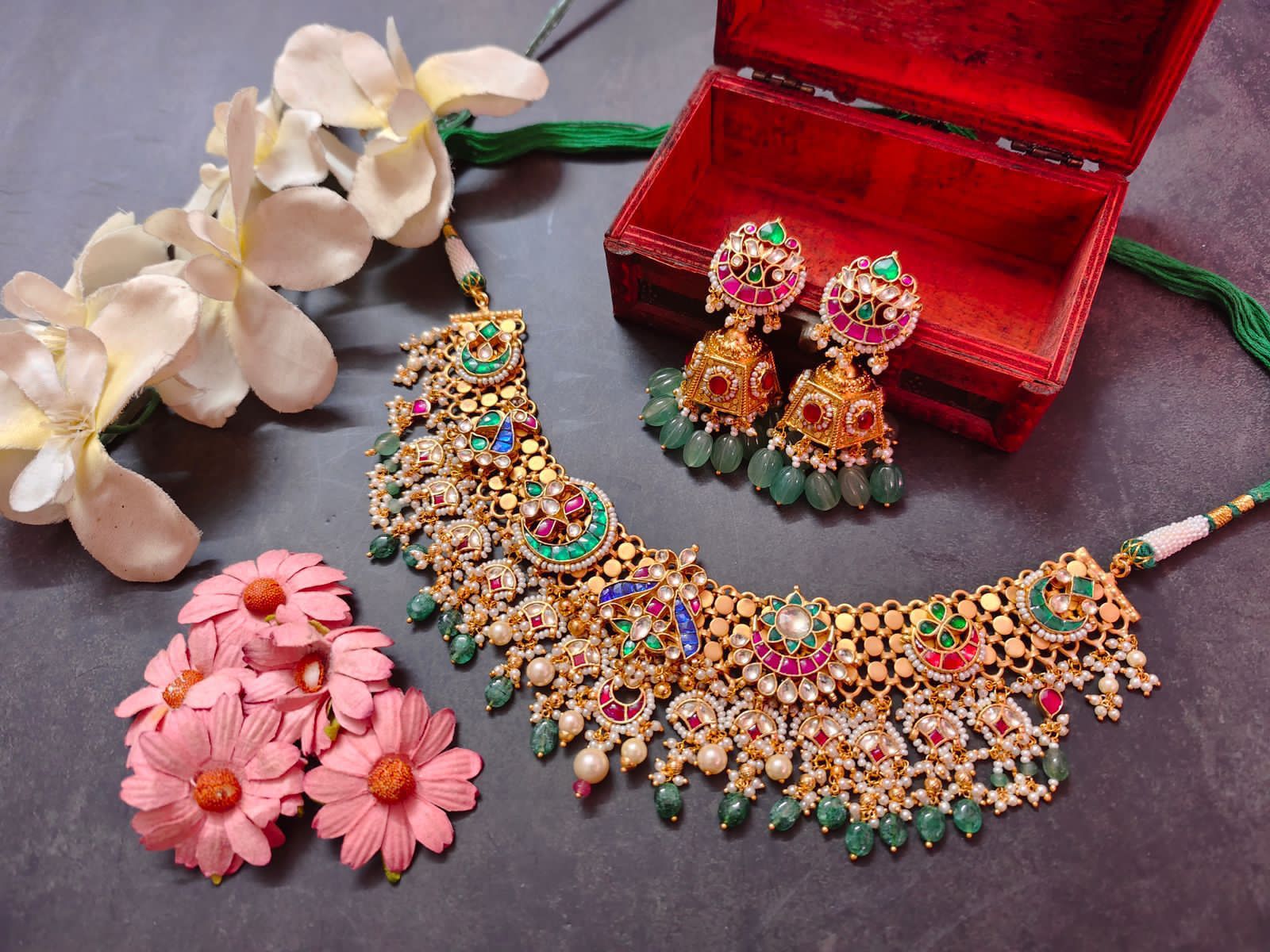 Temple Gold Plated Multicolor Pachi Kundan Choker Necklace With Green Drop Beads 